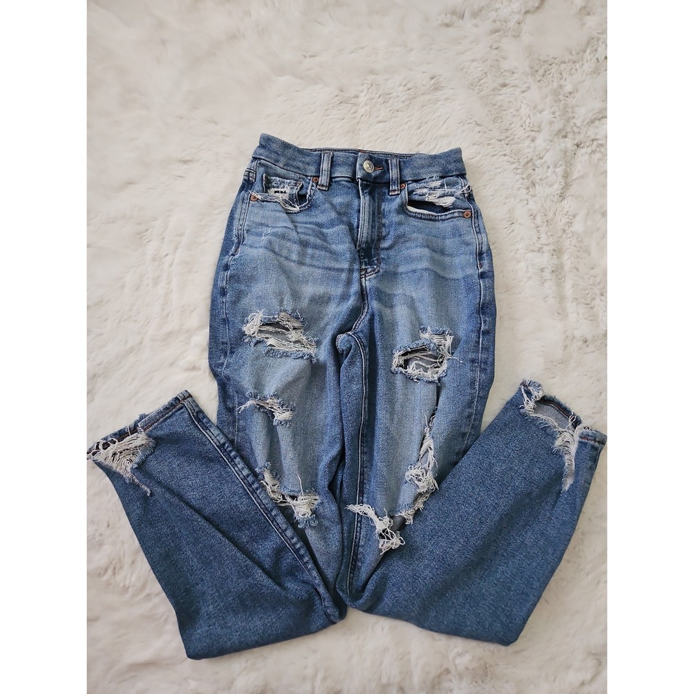 American Eagle Mom Jeans 00 Regular Distressed Ripped High Rise Blue Denim Stret